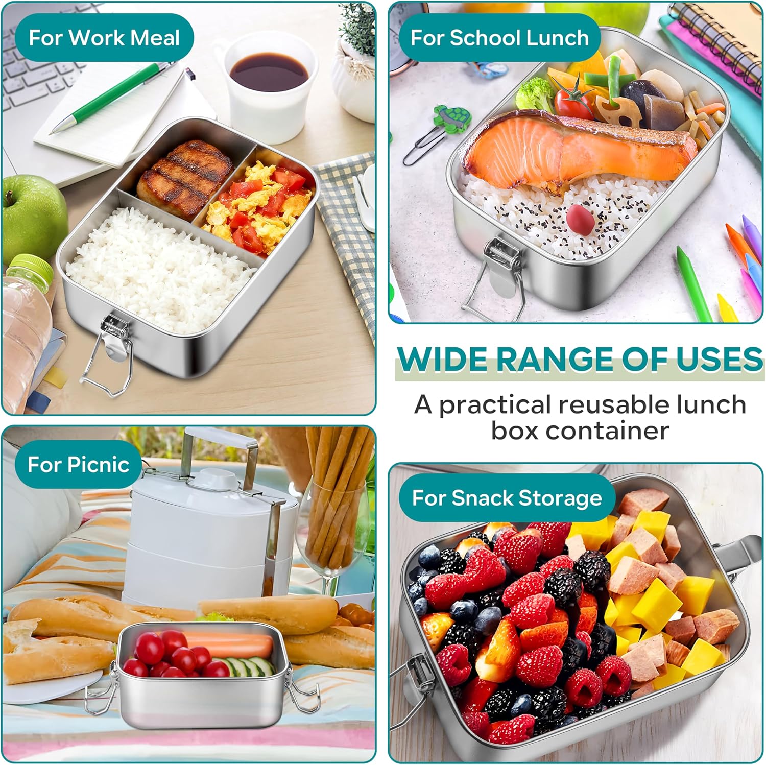 HaWare Stainless Steel Bento Box, 29oz (850ML) Leak-Proof Lunch Box for Kids Adults, 3 Compartments Food Containers with Removable Dividers and Bag, Metal Lunch Containers for Snack Meal Sandwich - Image 6