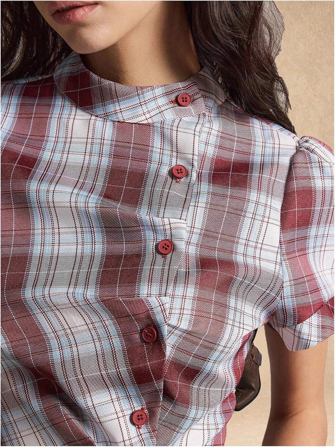 SOLY HUX Women's Plaid Button Down Shirt Mock Neck Short Sleeve Tie Back Cinched Waist Top Summer Casual Work Blouse