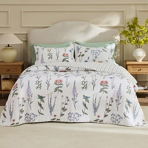 Bedsure Floral Quilt Queen Size - Reversible White Floral Comforter, Spring Lightweight Bedspread Quilt Bedding, Soft Microfiber Coverlet for All Seasons (90"x96") | Spring and Summer, Lightweight, Floral, Reversible, Ultra Soft