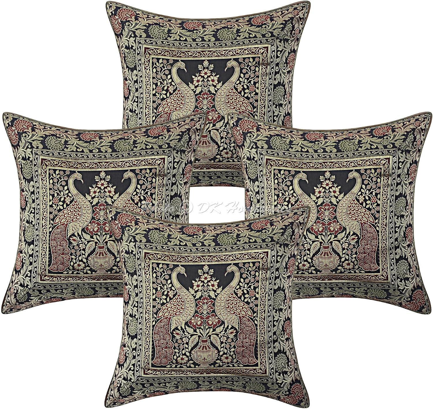 Indian Peacock Throw Cushion Covers 16 Inch Brocade Jacquard Weave Ethnic Square Cushion Covers (Size - 40x40 cm ; Color: Black & Gold) - Set of 4 Pcs (Cover Only)