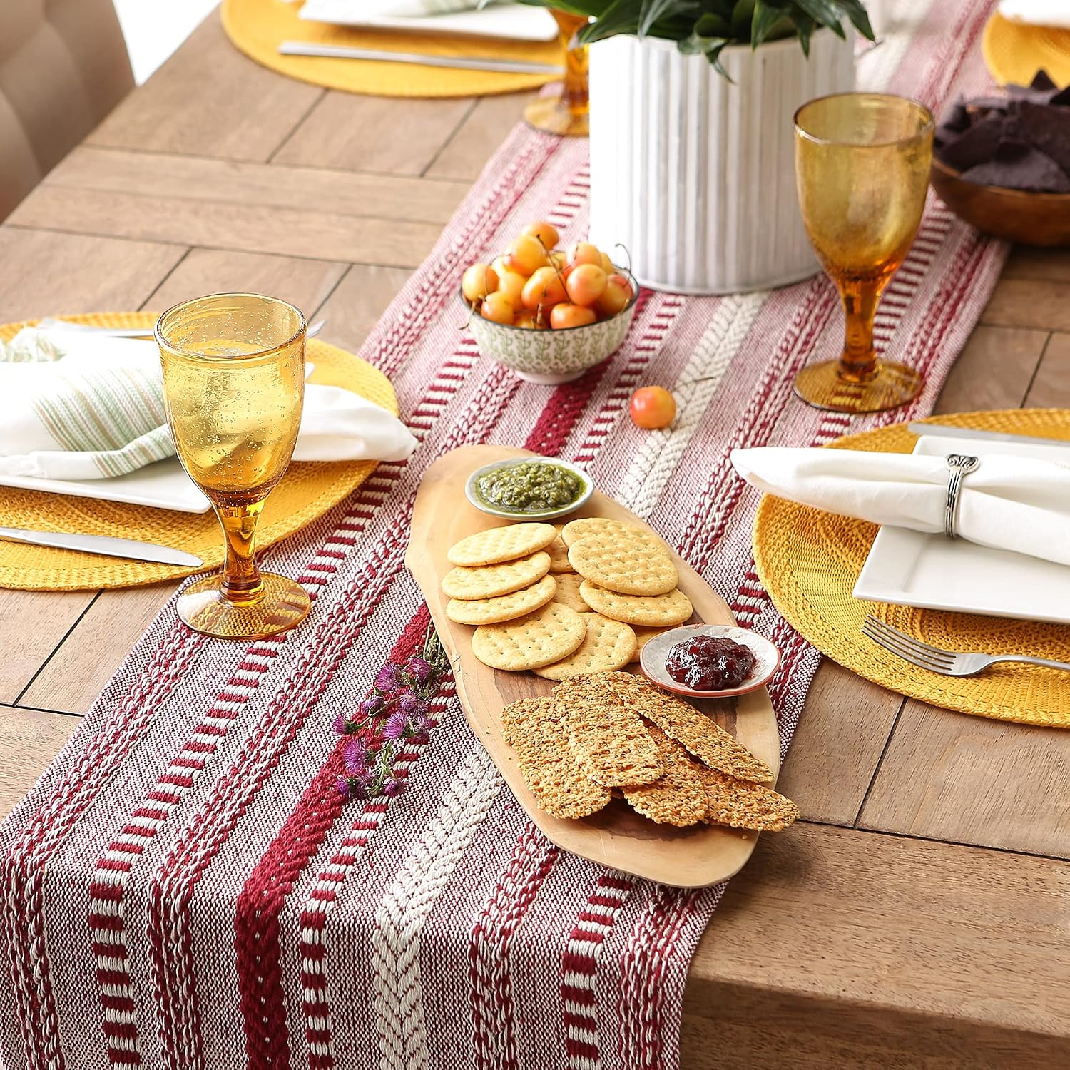 DII Farmhouse Braided Stripe Table Runner Collection, 15x72 (15x77, Fringe Included), Barn Red