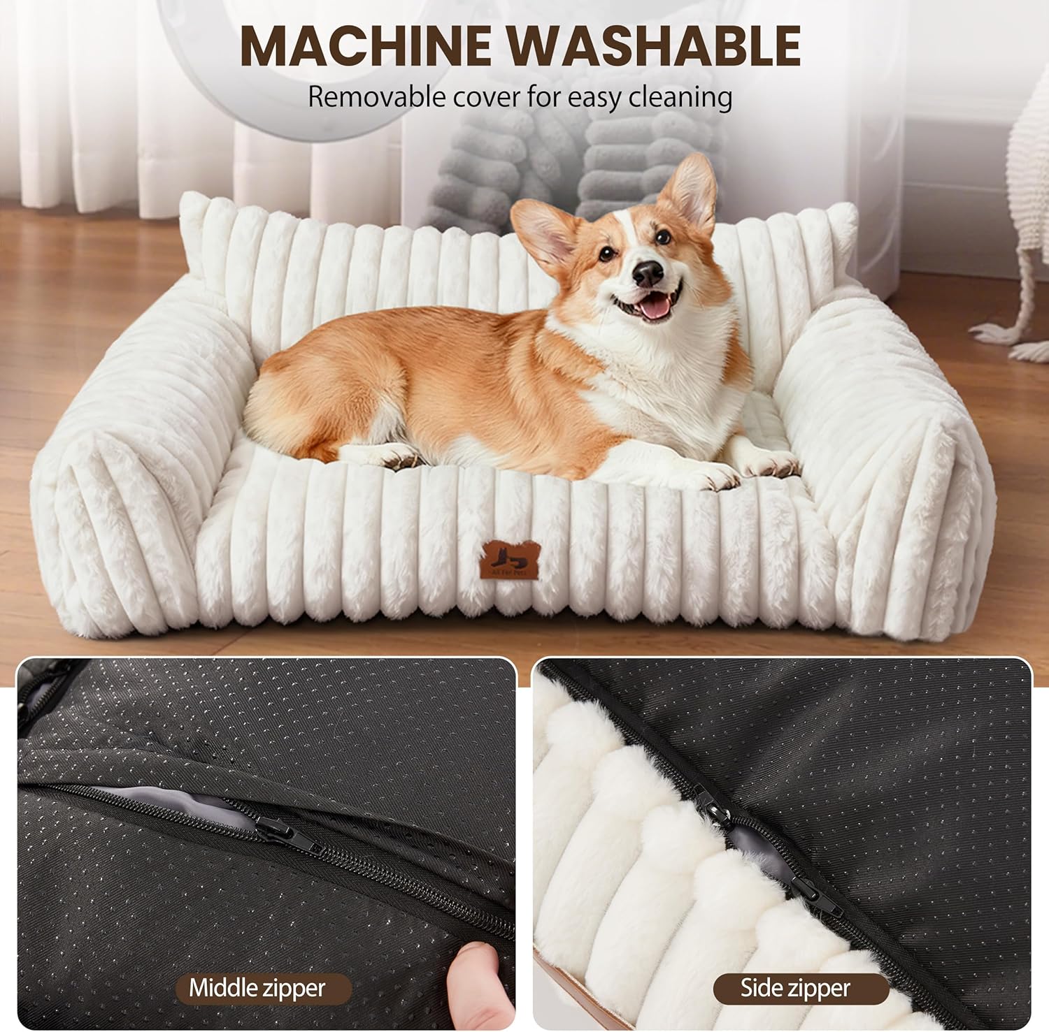 Dog Couch for Pets, Cute Small Dog Bed Medium Size Dogs with Cozy Soft Faux Rabbit Fur for Small & Medium Dogs, Supportive Pet Sofa with Removable Washable Cover, Cream, 36"