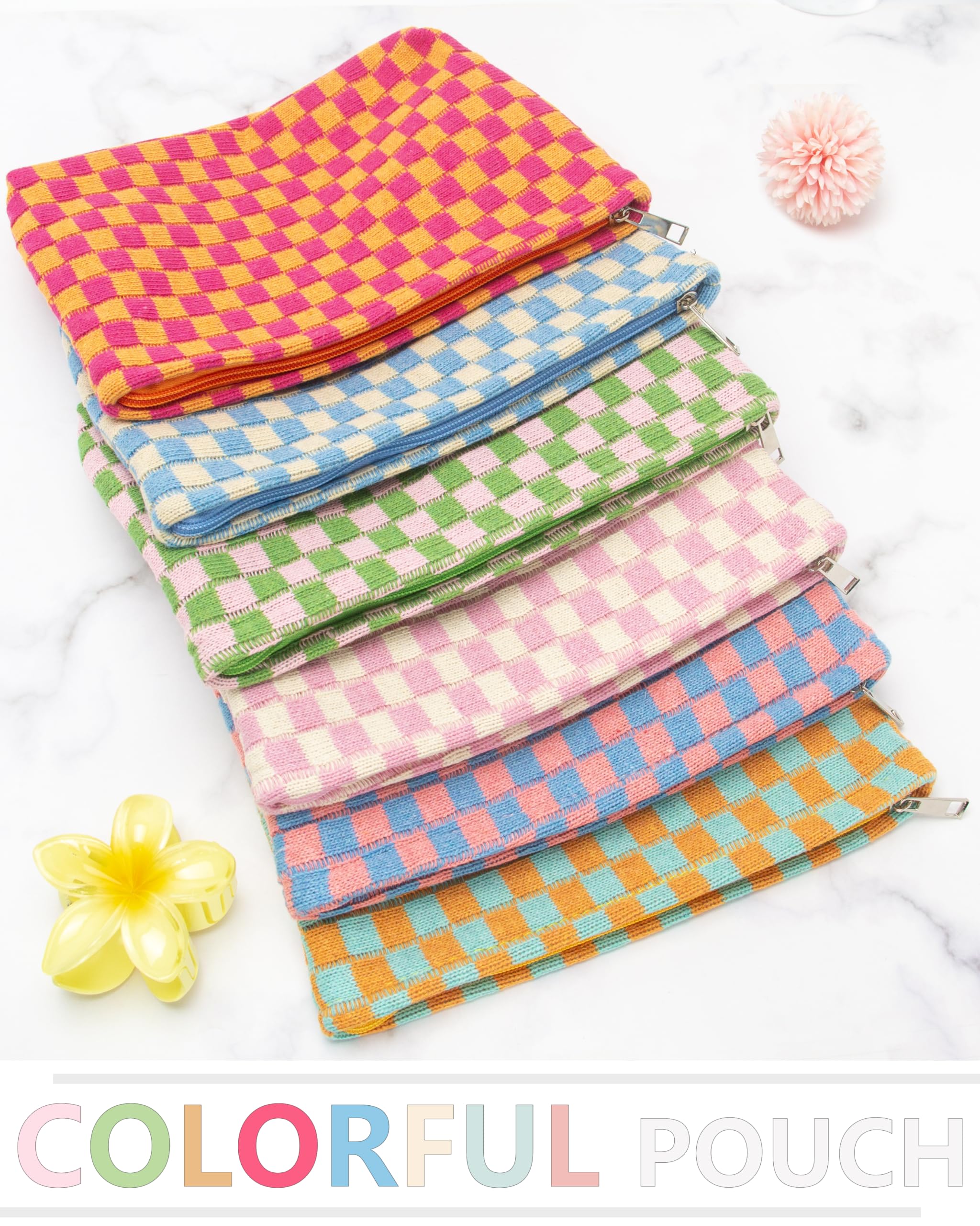 PAZIMIIK Karierte Make-up-Tasche für Geldbörse, tragbar, mit Reißverschluss, kleine Kosmetiktasche für Reisezubehör, Rot, Orange, 1PCS FLAT POUCH, Gestrickt
