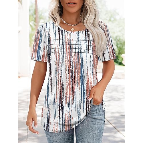 Womens T Shirts Short Sleeve Tops Dressy Casual Blouses Spring Summer Outfits Flowy Pleated Front Scooped Neck