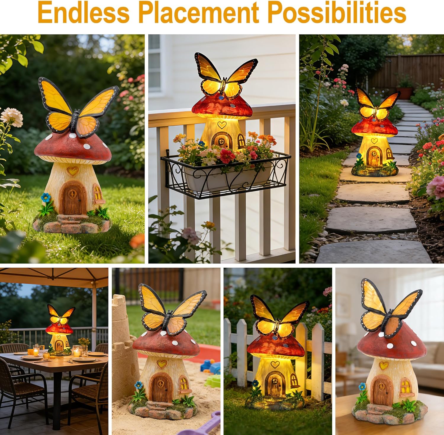 Solar Garden Statue Lights Mushroom Fairy House Figurine, Butterfly Warm LED Mushroom House Waterproof Outdoor Decor for Patio Porch Balcony Yard Decoration Lawn Ornament, Gifts for Women Mom Grandma