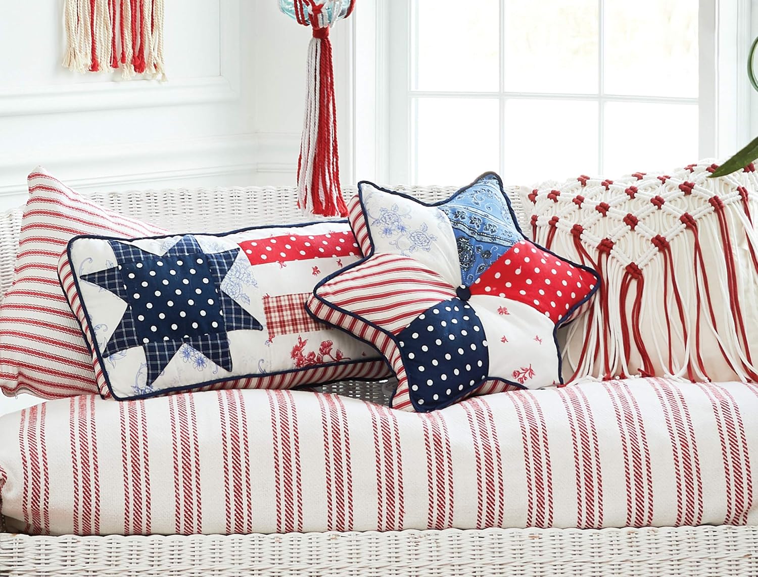 GALLERIE II Patriotic Star Shaped Patchwork Pattern Accent Throw Pillow 18" x 18" Americana 4th of July Liberty USA Independence Day Labor Day Home Living Room Sofa Chair Couch Bed Bedroom Decor