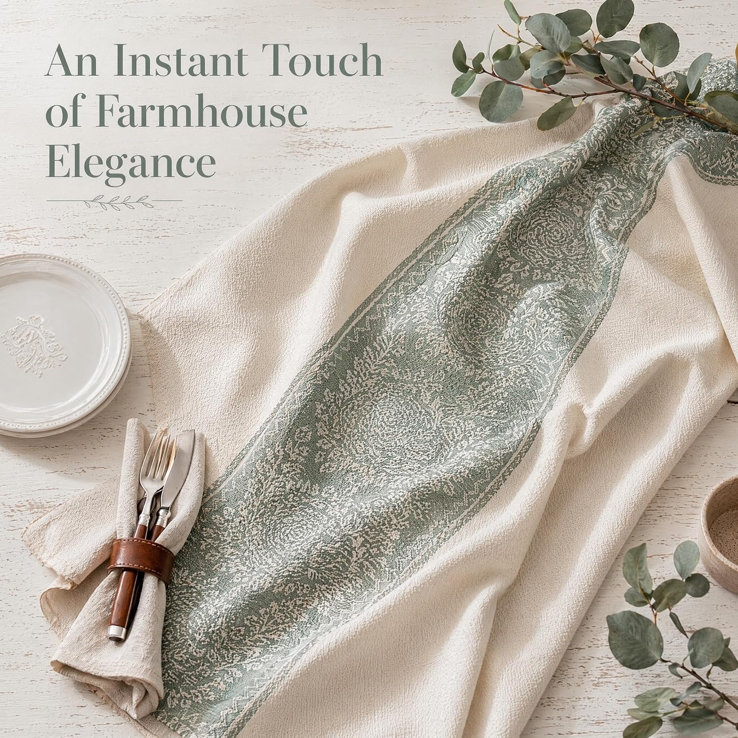 55"x86" Sage Green Botanical Tablecloth Waterproof Floral Vine | 55x86 Elegant Sage Green Tablecloth, Wipeable and Spill-Proof Fabric, Premium Table Cover for Dinner Party