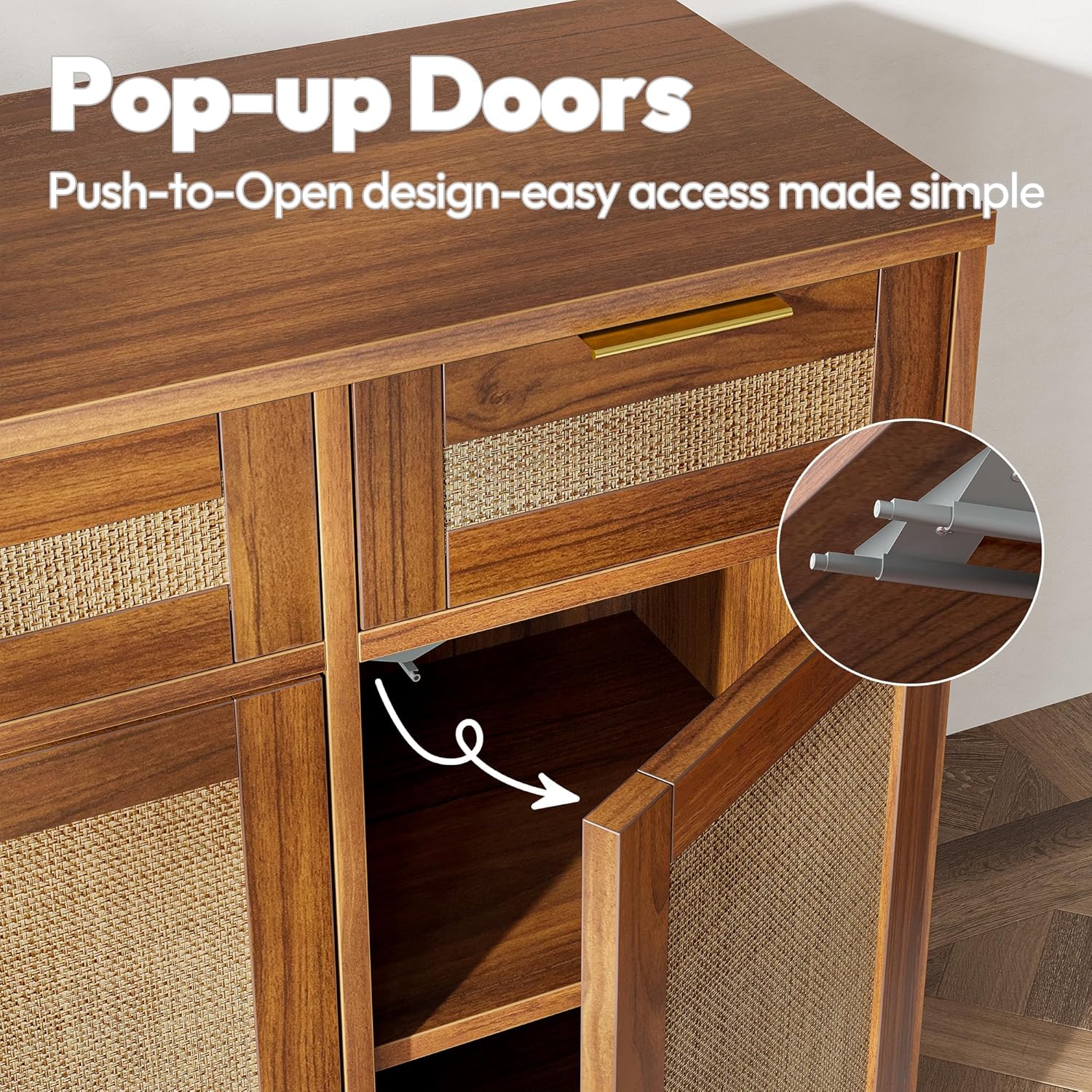 TIQLAB 55" Rattan Sideboard Buffet Cabinet with Storage, 4 Doors Credenza with Drawers, Console Cabinet for Living Room, Buffet Table with Adjustable Shelves, Dark Walnut