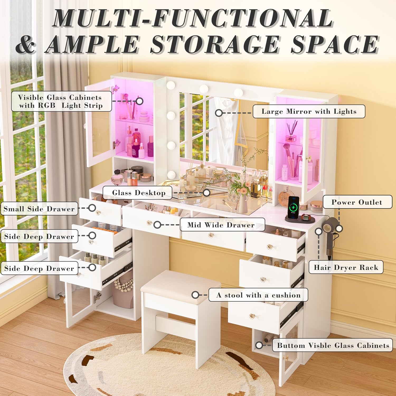 Vanity Desk with Mirror and Lights, 55" White Makeup Vanity Set with 8 Drawers & RGB Glass Cabinets, Stool, Glass Top, Power Outlet & Adjustable LED Lights, Dressing Table for Women & Girls Bedroom