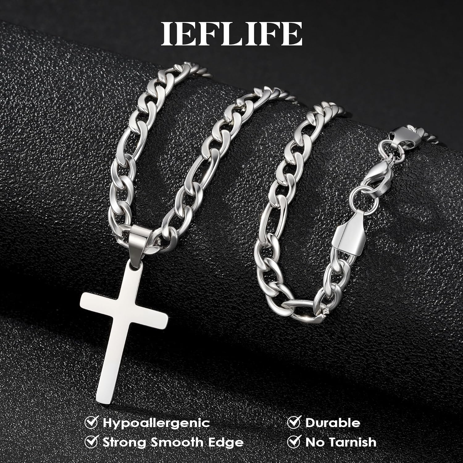 IEFLIFE Cross Necklaces Gifts for Son Men - Silver Figaro Chain Stainless Steel Cross Necklace Jewelry, Christian Baptism Gifts for Boys Men, Birthday Gift for Dad Husband Brother Son Grandson - Image 5