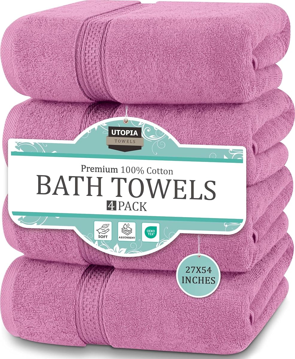 Utopia Towels Paquete de 4 toallas de baño premium, 27 x 54 pulgadas, algodón de 600 g/m², color rosa | Juego de ropa de baño de algodón hilado en anillos de primera calidad, absorbente, de secado rápido, tacto suave, perfecto para uso diario