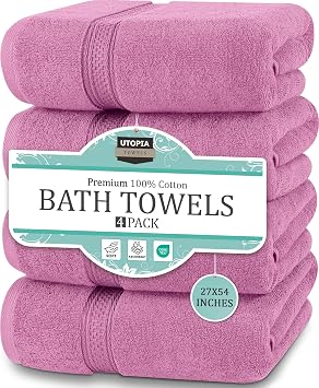 Utopia Towels 4 Pack Premium Bath Towels, 27x54 in, 600 GSM Cotton Pink | Premium Lightweight Ring Spun Cotton Towels - Highly Absorbent, Quick-Drying, Soft Feel, Perfect for Daily Use