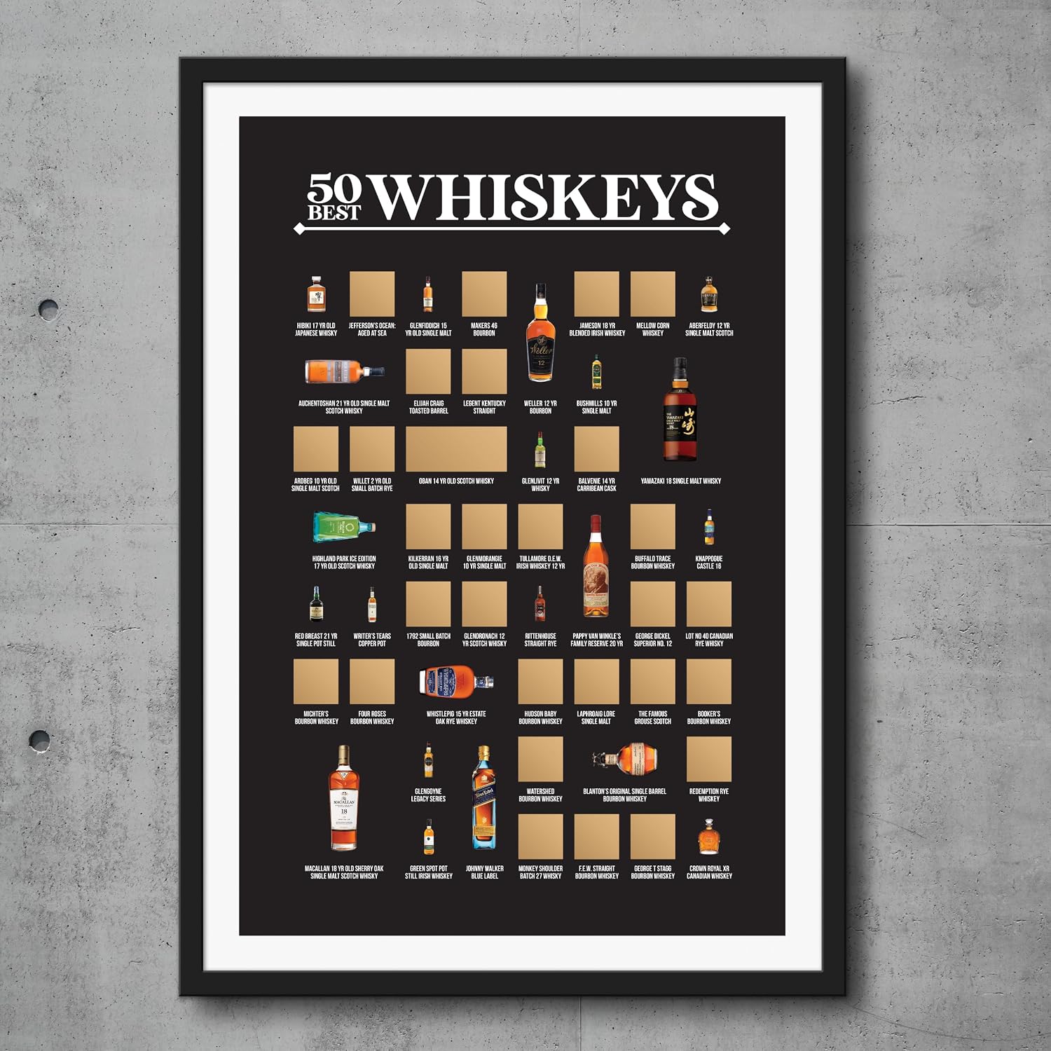 50 Best Whiskeys Scratch Off Poster - The Whiskey Bucket List - Top Whiskeys You Need to Try at Least Once! (12” x 18”)