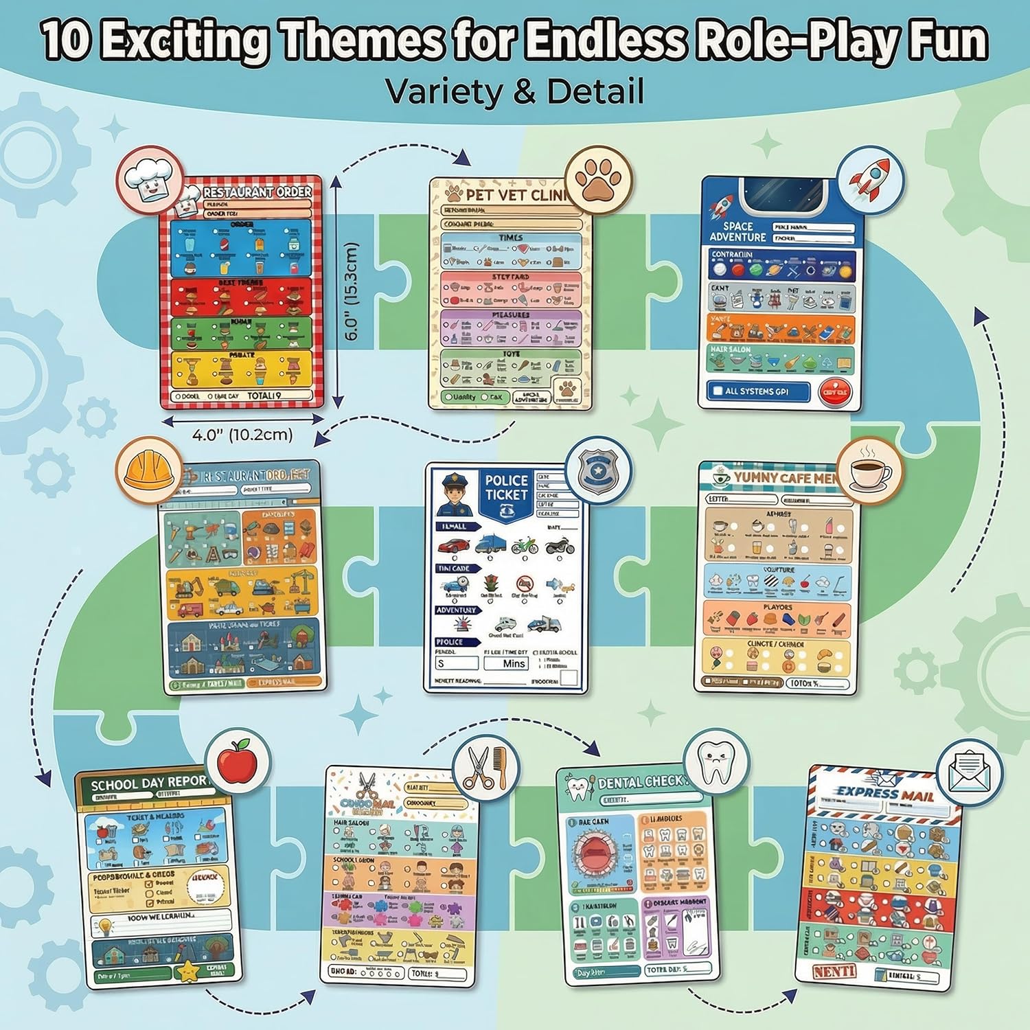 Kids Pretend Play Notepads 10 Pack, 400 Pages Total, Restaurant Order Pad for Kids, Doctor & Police Themes, Educational Writing Practice & Classroom Paper Pads, Screen-Free Activity Notebooks