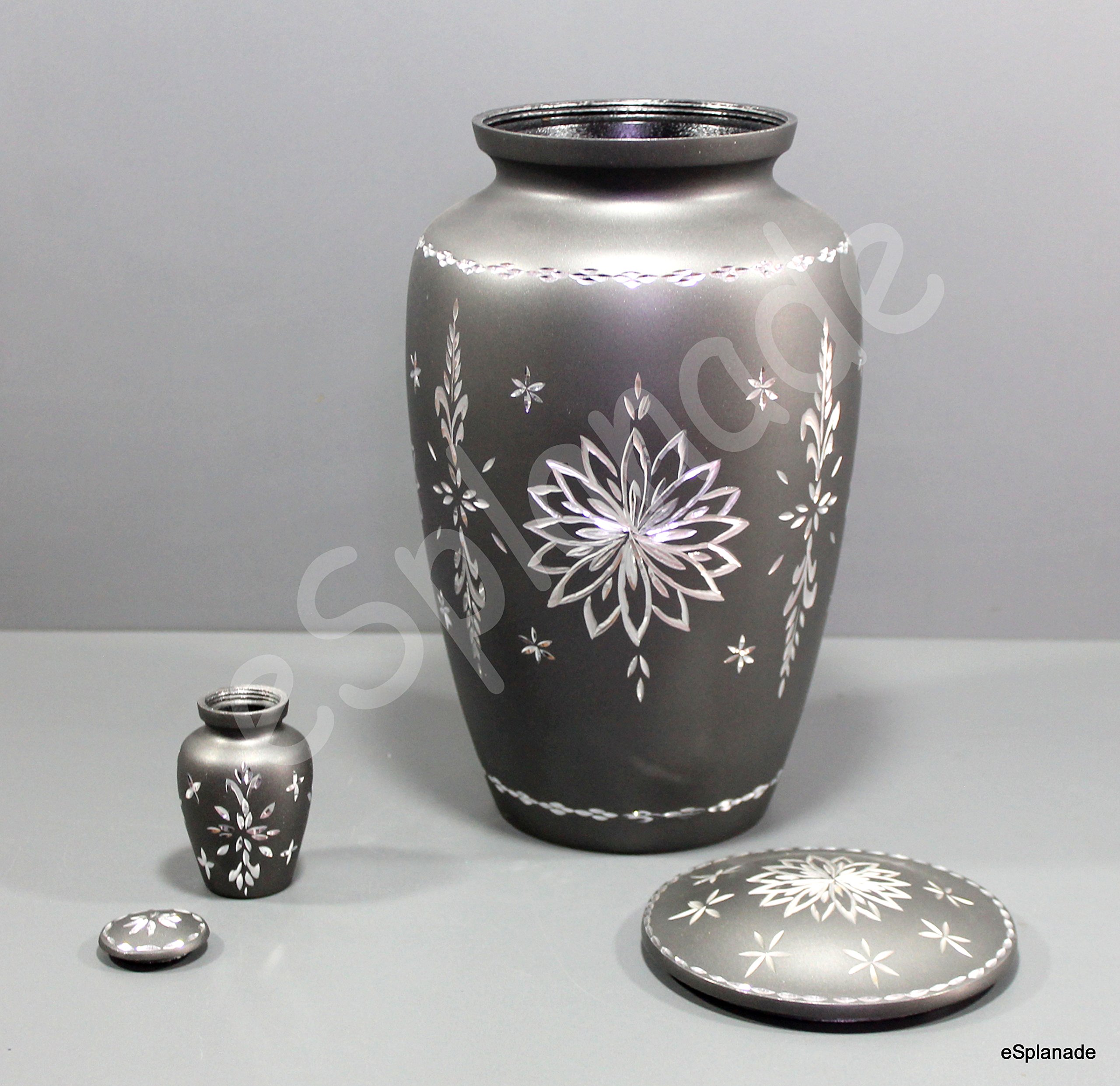 eSplanade Metal Cremation Urn Memorial Jar Pot Container with Keepsake | Full Size Carved Urn for Funeral Ashes Burial | Metal Urns | Grey - 10" Inches - Image 4
