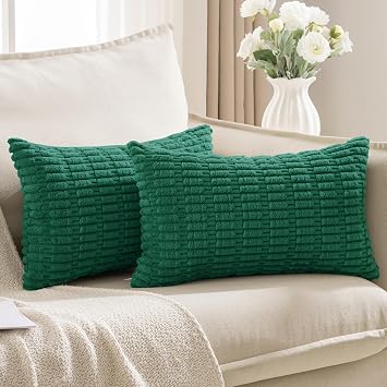 JELLYMONI 2 PCS Throw Pillow Covers, Corduroy Striped Decorative Pillows Cover for Farmhouse Boho Home Decor, Living Room Bed Sofa Couch Pillow Covers 12x20in, Green