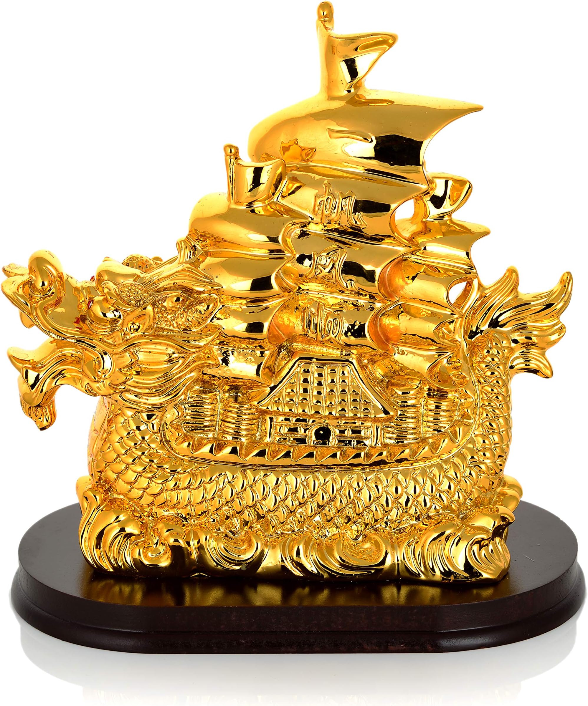 Feng Shui Golden Lucky Dragon Ship Sailing Boat Statue - Showpiece for Wealth & Prosperity | Vastu Positive Energy Decorative Ship for Home Temple, Home & Office Decor | 11 x 6.5 x 12.5 cm