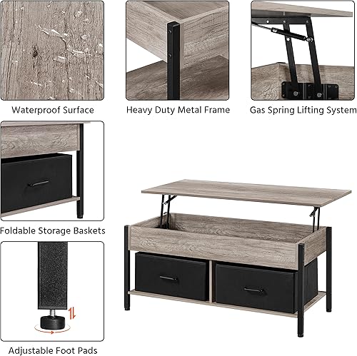 Miniatura 13 de Yaheetech Mesa auxiliar elevable con almacenamiento y 2 cestas de tela, mesa de centro de madera de 41.5 pulgadas para sala de estar y oficina,