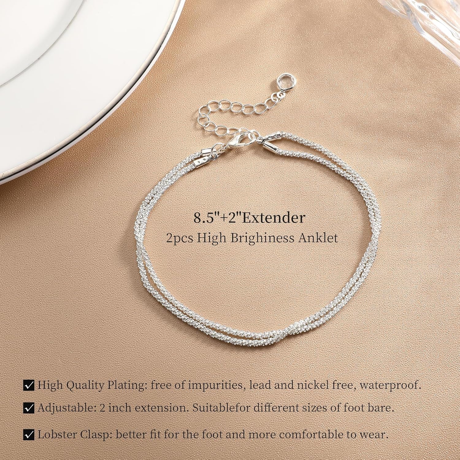 3 Pcs Sterling Silver Layered Anklets Set for Women, Hypoallergenic Double-Layer Adjustable Waterproof Ankle Bracelets, Non-Tarnish Dainty Silver Anklets for Summer Jewelry Gifts - Image 4