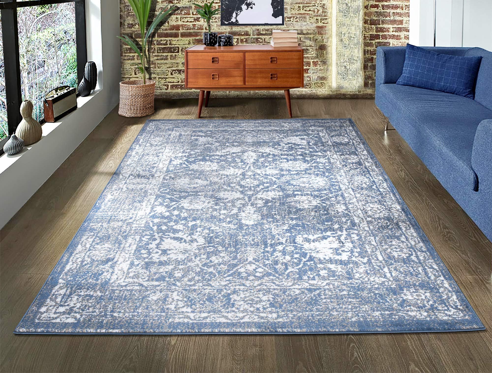 A2Z Rug|Santorini Blue Medallion Design With Floral Border|Living Room Bedroom Sitting Room Modern Vintage Classic Area Rug|Soft Short Medium Pile|120x170cm-3'11" x5'7 ft |Small Area carpet