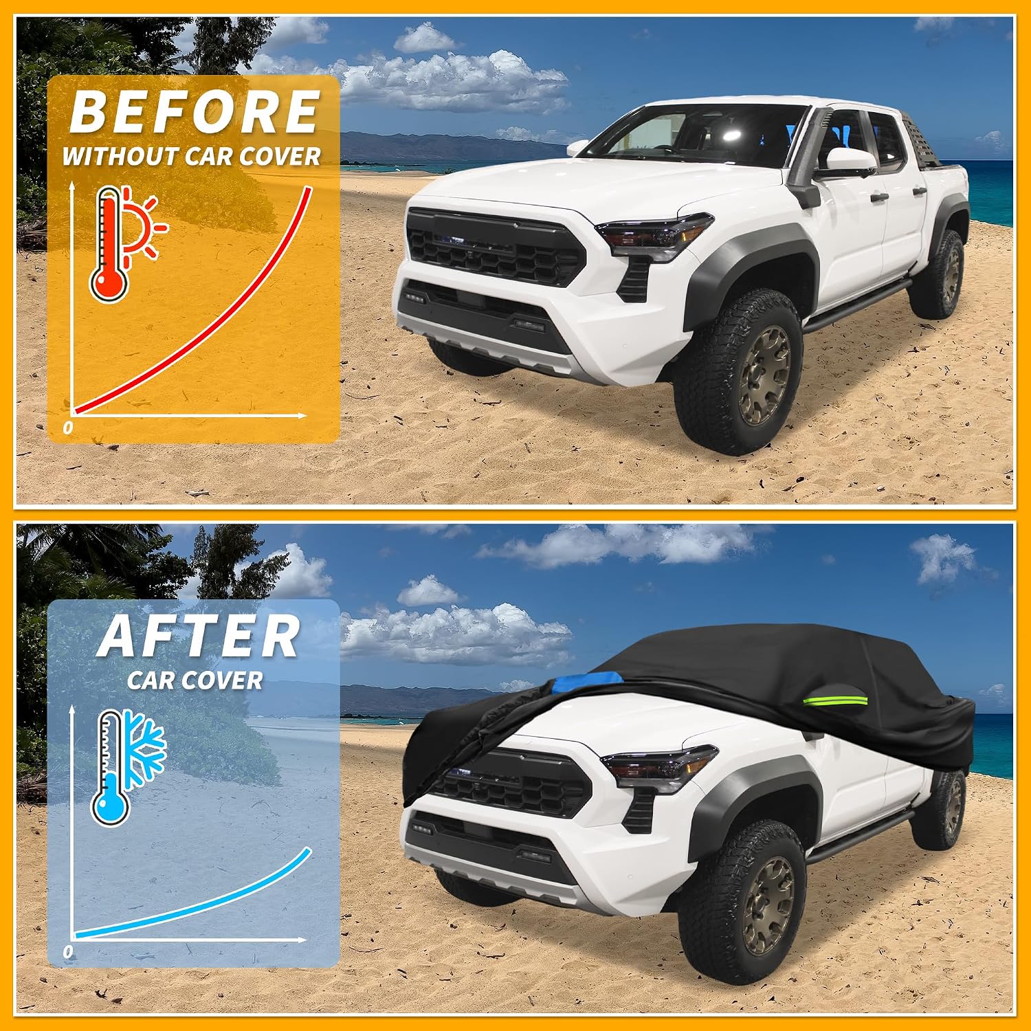 Car Cover Waterproof All Weather 210D, UV Sun Rain Protection, for Toyota Tacoma with Left Side Zipper, Black & Blue