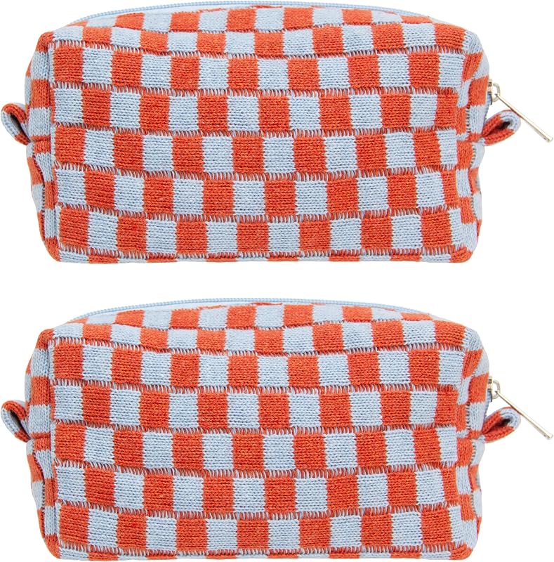 Necessaire de maquiagem xadrez PAZIMIIK, laranja e azul, pacote com 2