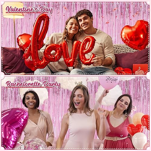 Miniatura 4 de Crosize Paquete de 4 cortinas de flecos de papel de aluminio rosa de 3.3 x 9.9 pies, decoración de fiesta, telón de fondo de cortina de oropel rosa