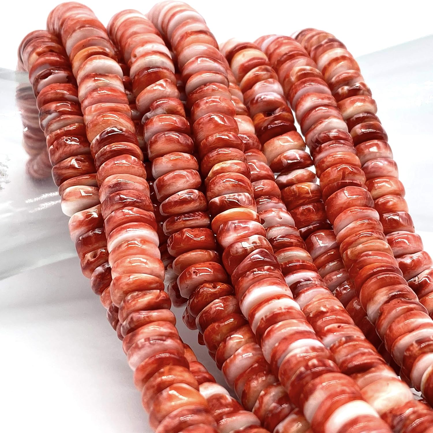 ABCGEMS Red Spiny Oyster Shell Beads Mexico Authentic Spondylus - Small Batch Production - Native American Style - Hand Polished Rounded Edges - Organic Thickness - Heishi 10mm (7.5" Half Strand)