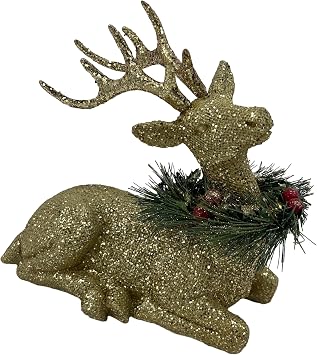 Galt International Gold Glitter Resin Reindeer Statue Tabletop Christmas Decoration 8.9" Deer Figurine Ornament for Living Room Bedroom Office Desktop Xmas Decor Gold