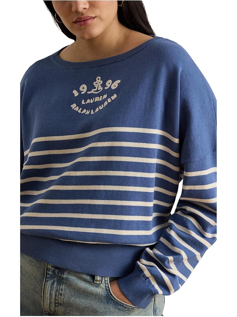 Blue Lauren Ralph Lauren Plus Size Logo Striped Cotton Boatneck Sweater
