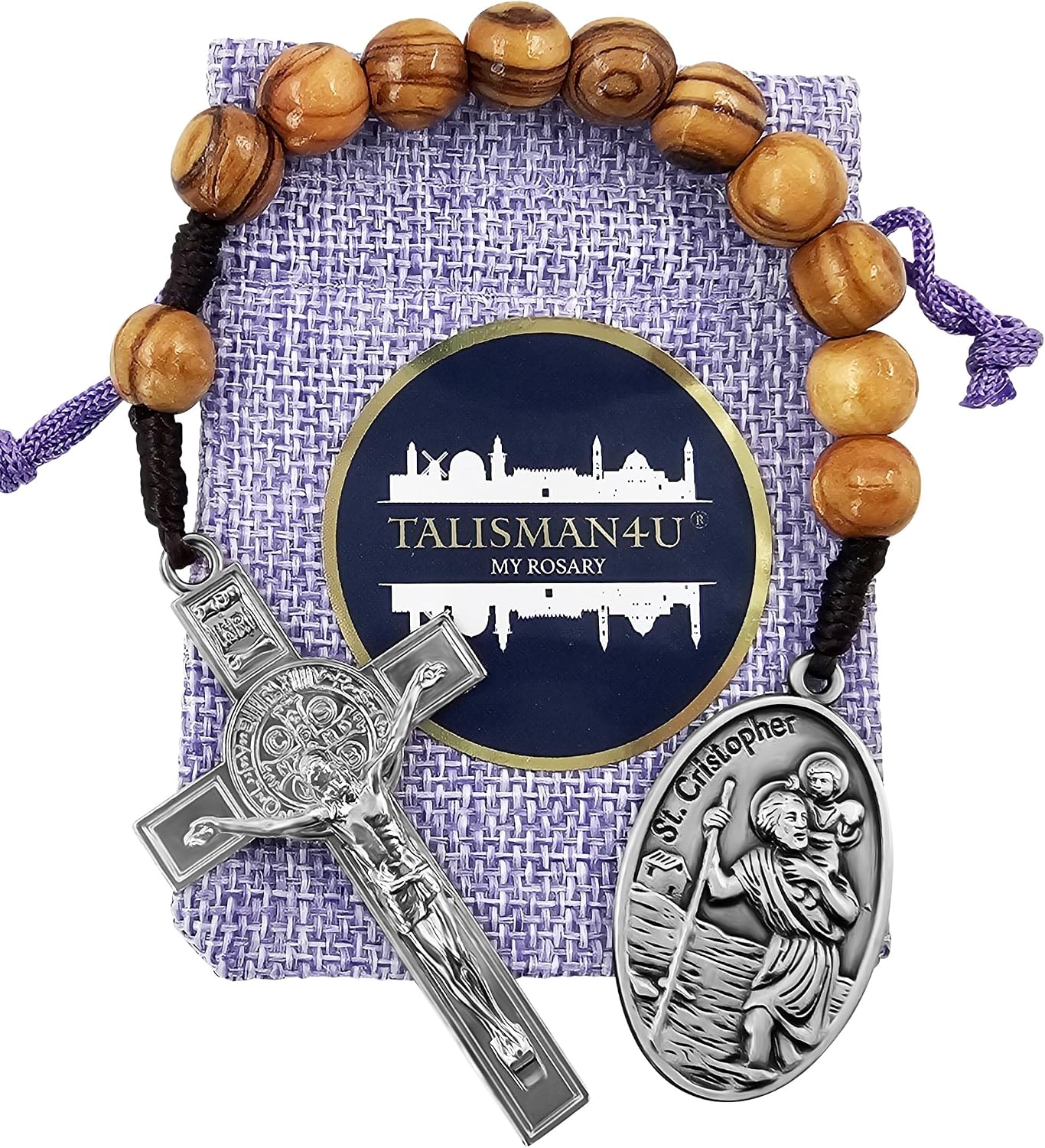 TALISMAN4U Saint Christopher Medal One Decade Prayer Pocket Rosary St Benedict Medal Crucifix Cross 10 mm Olive Wood Beads Open Style Wooden Tenner Rosaries Handmade Catholic Gift Linen Rosary Pouch