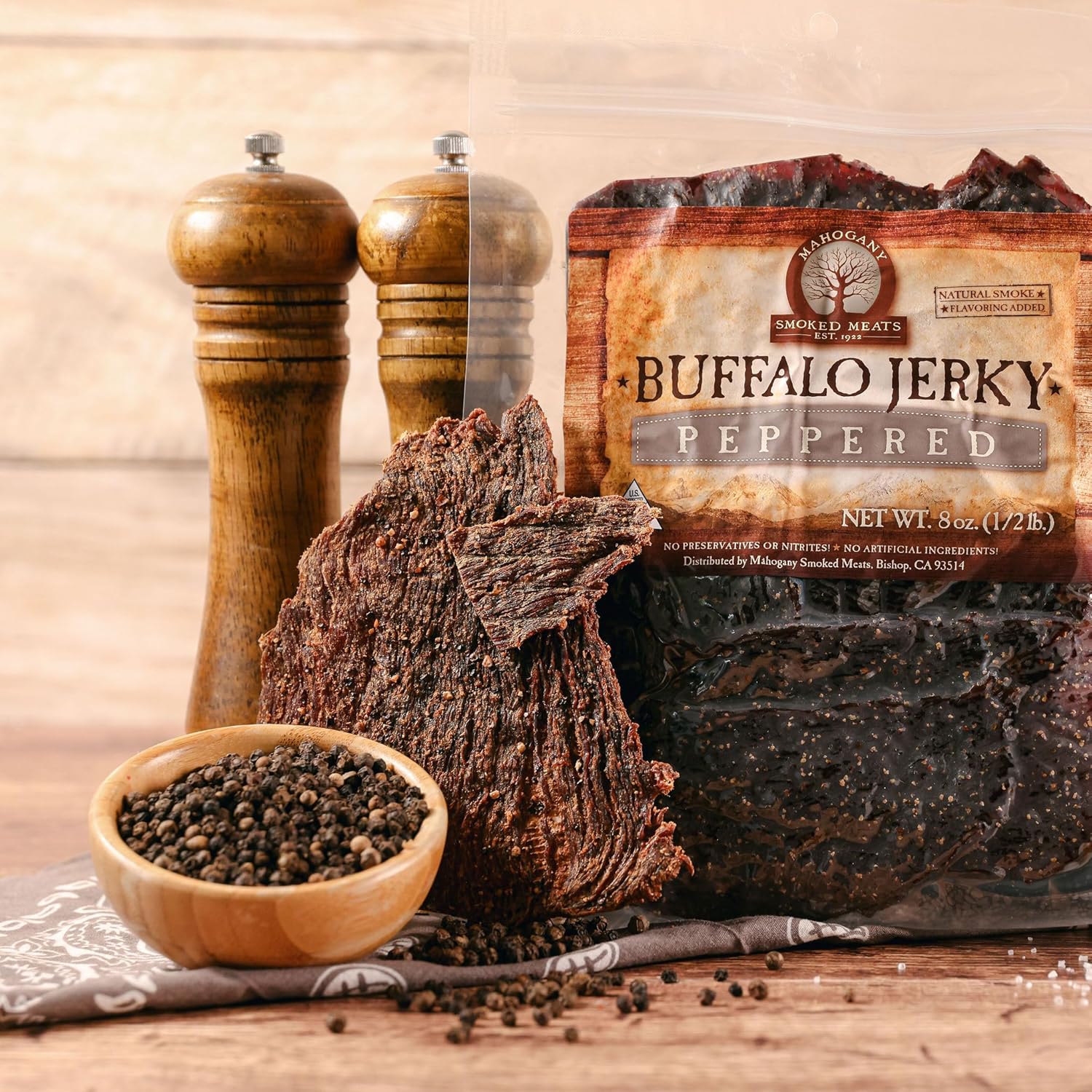Mahogany Smoked Meats: Peppered Buffalo Jerky - 8oz