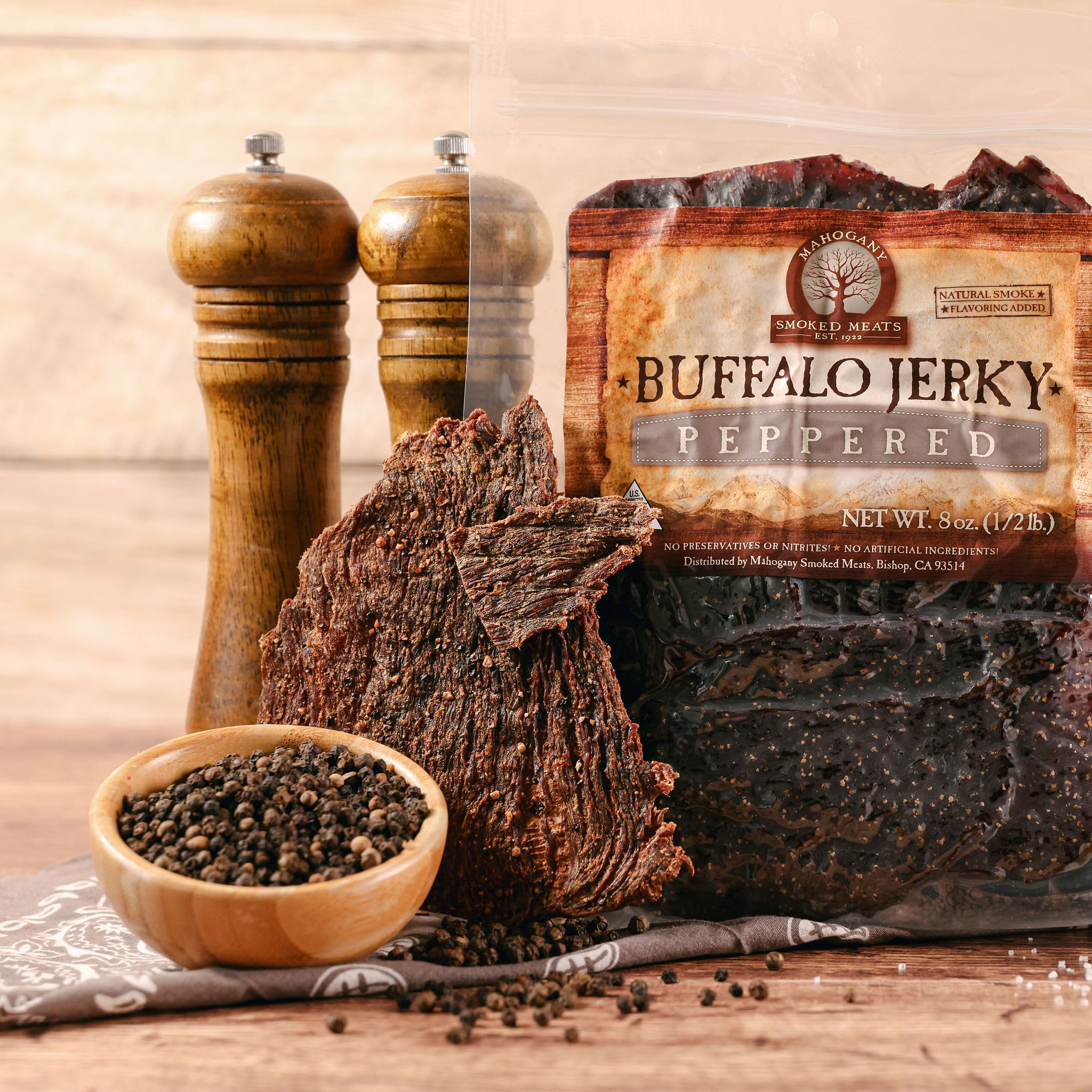 Mahogany Smoked Meats: Peppered Buffalo Jerky - 8oz