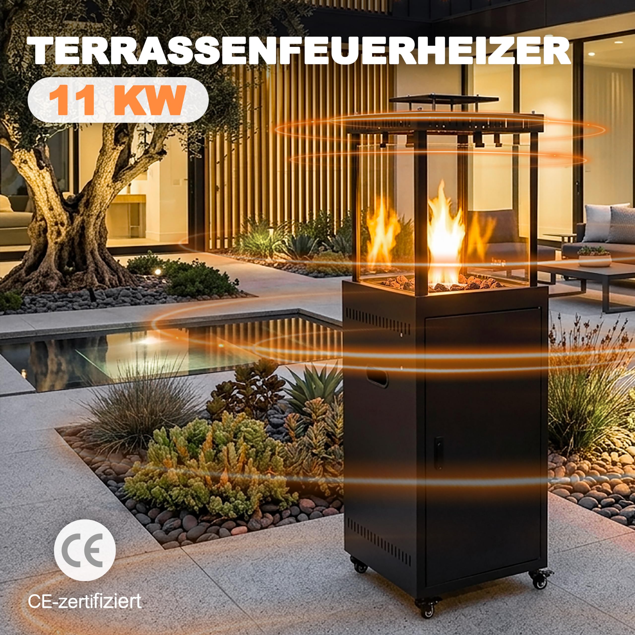 Avestar 11 kW rauchfreier Gas-Terrassenheizer mit Lavasteinen, schwarz