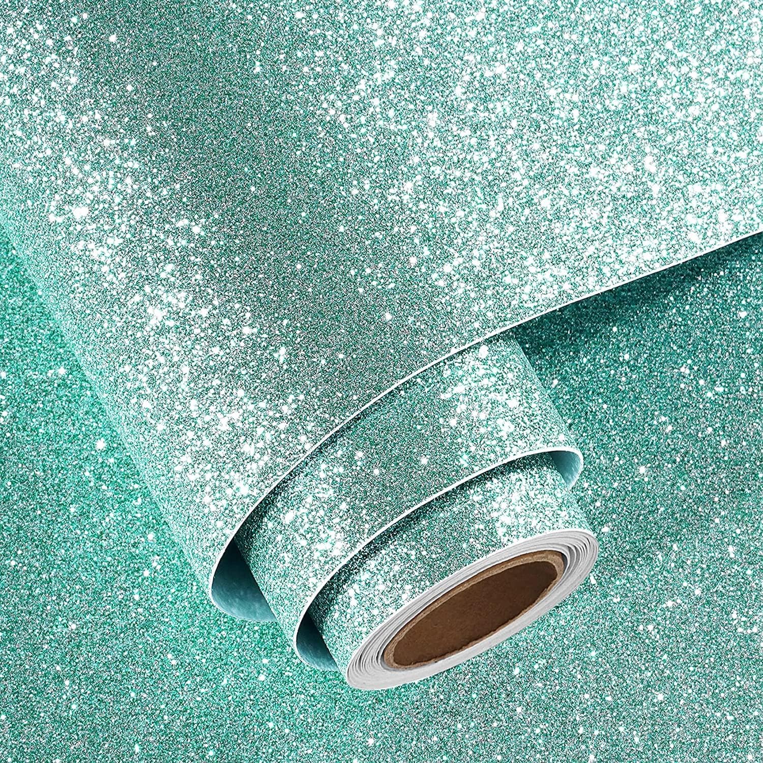 FunStick Light Teal Glitter Wallpaper Self Adhesive Teal Glitter Contact Paper Decorative Removable Sparkle Teal Peel and Stick Wallpaper for Room Walls Cabinets Dresser Furniture Crafts 15.8"x78.8"