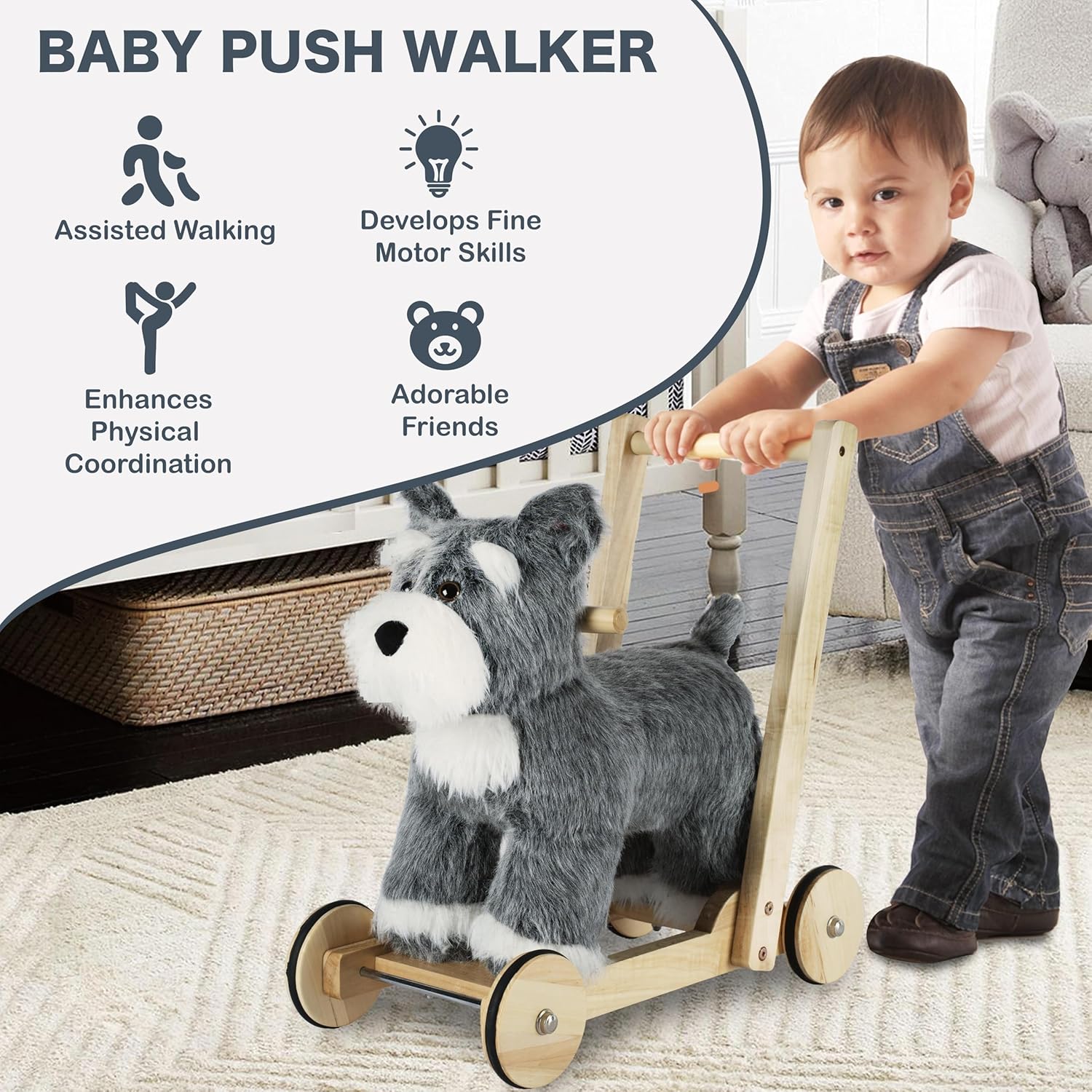Wooden Baby Walker, 2-in-1 Baby Push Walker & Ride On Toy for Toddlers 12M+, Learning to Walk Toy with Sweet Music, Soft Cuddly Dog Toy for Boys Girls (Schnauzer Dog) CPC Certified