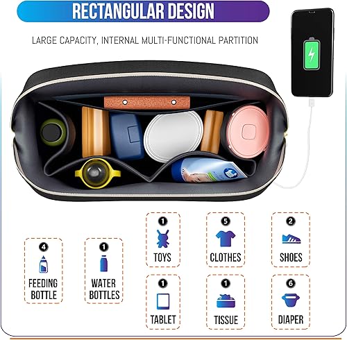 Miniatura 4 de Mochila para pañales para bebé con cambiador portátil, mochila multifuncional para pañales con puerto de carga USB, correas para cochecito, gran