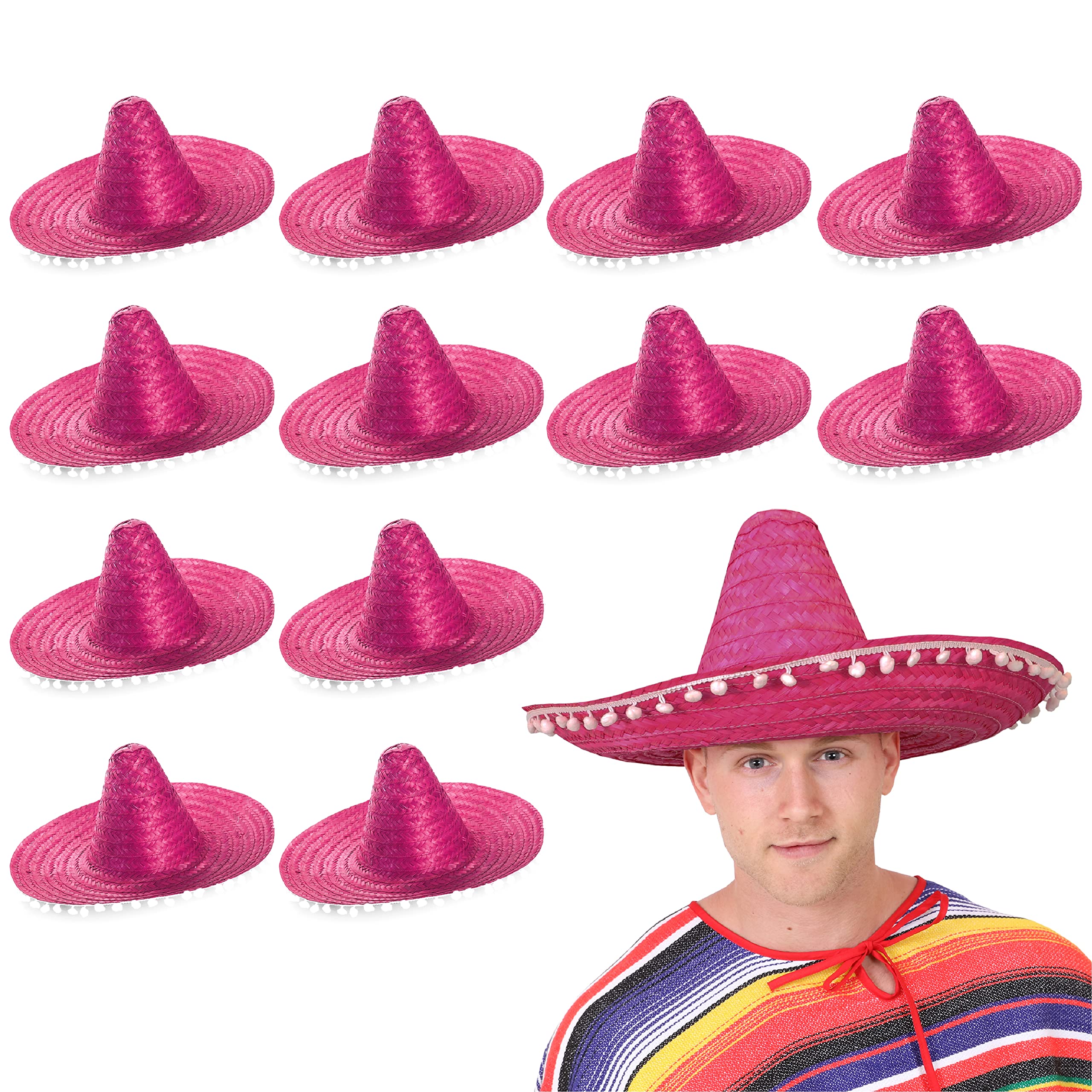 Pink Mexican Sombrero - Pack of 48 - Straw Sombrero with White Pom Poms - Straw Hat Fancy Dress Costume Ideal for Hen/stag Night, Summer, Beach Party, Wholesale Bulk
