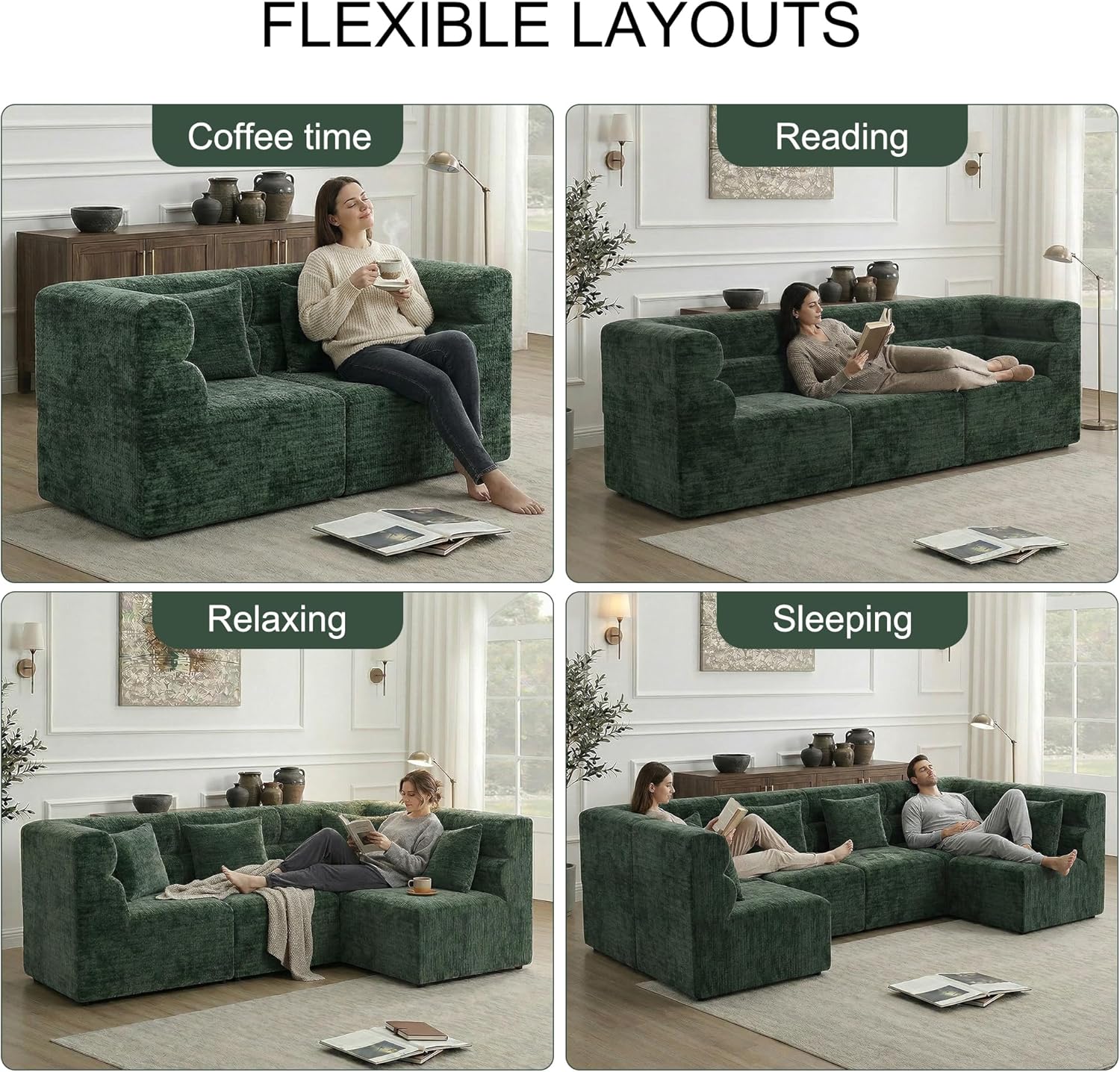 Loveseat Sofa, Modern Modular Sectional Couch, Ultra Soft Chenille Green Fabric, Cloud Couch Sectional with Comfy Seat & Unique Wave Backrest, No Assembly Required