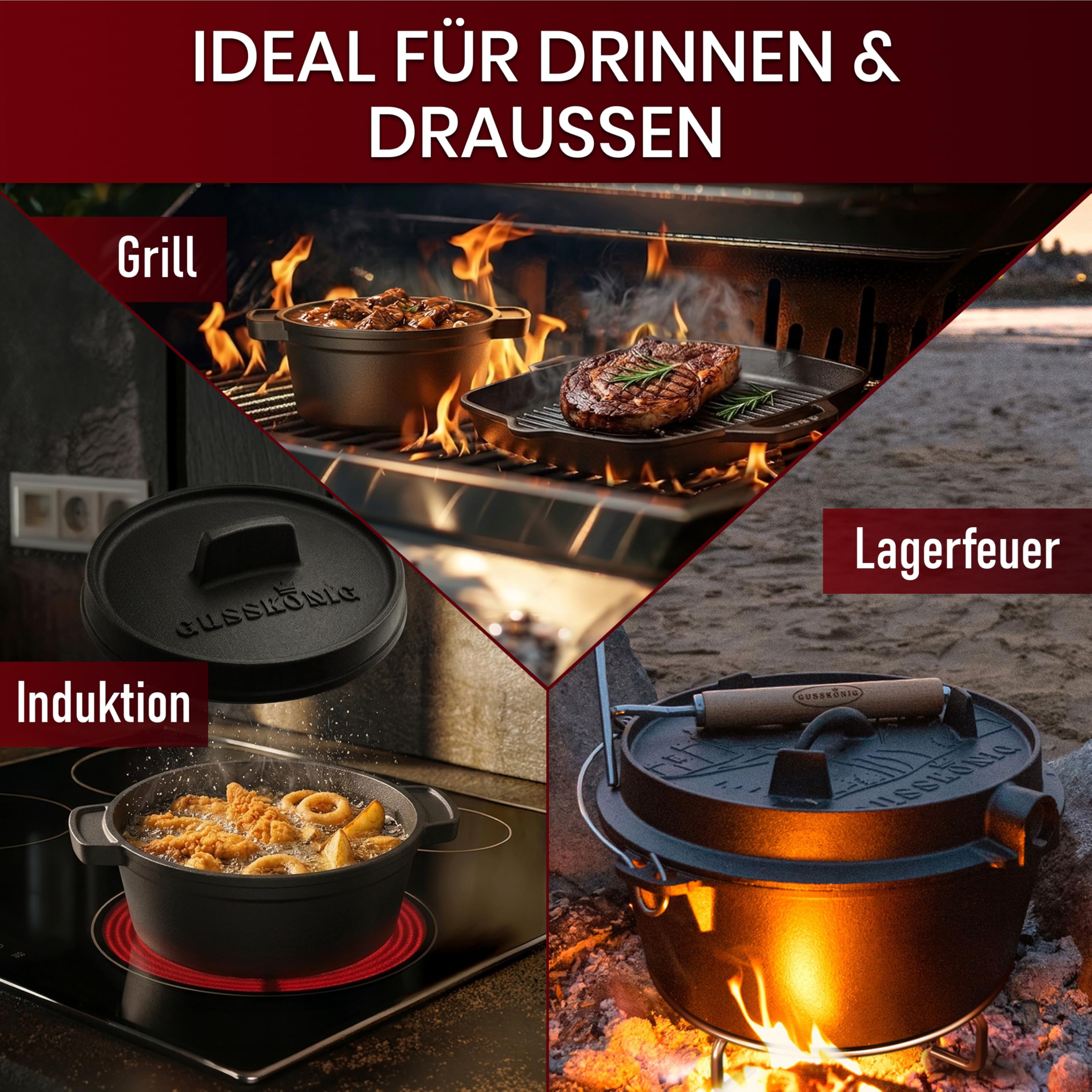 GUSSKÖNIG Dutch Oven Set 11-teilig – bereits eingebranntes Gusseisen Topf Set – Bratpfanne, Grilltopf, Deckelheber, Untersetzer & Echtleder-Griffschutz + Rezeptbuch & Pflegepaste – 30 Jahre Garantie