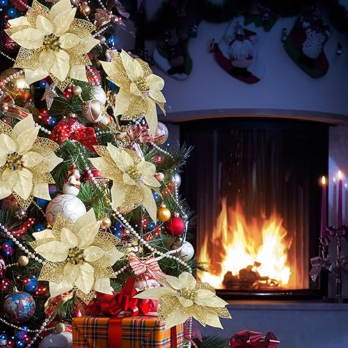 Miniatura 7 de Flores de Pascua artificiales con purpurina y clips de bricolaje para decoración, adornos y coronas de Navidad para decorar árboles de Navidad y