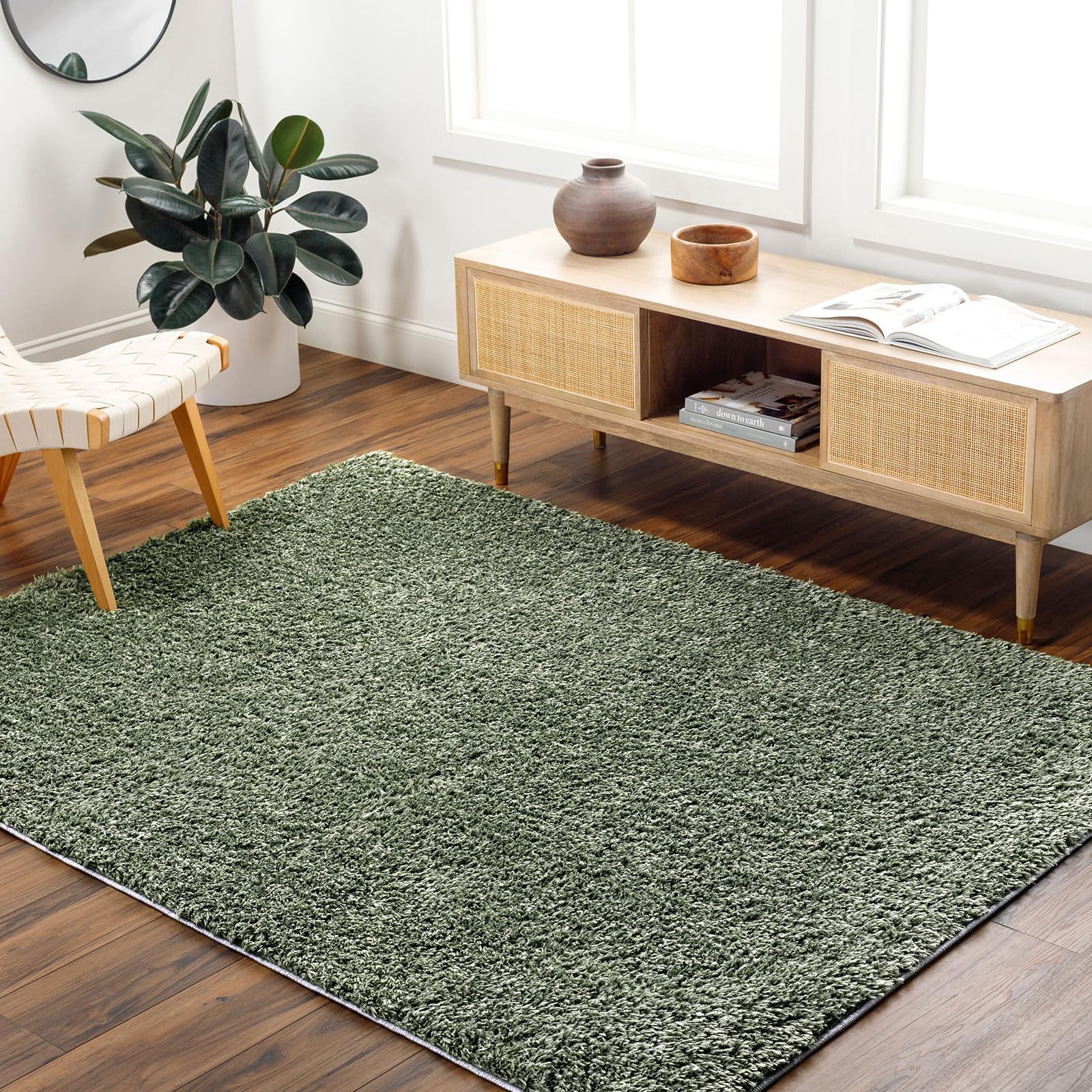 Livabliss Soso Shaggy Berber Carpet 200x275 cm, Living Room & Bedroom, Soft Plush Thick Pile, Neutral Boho Fluffy Style, Easy Care, Medium Green