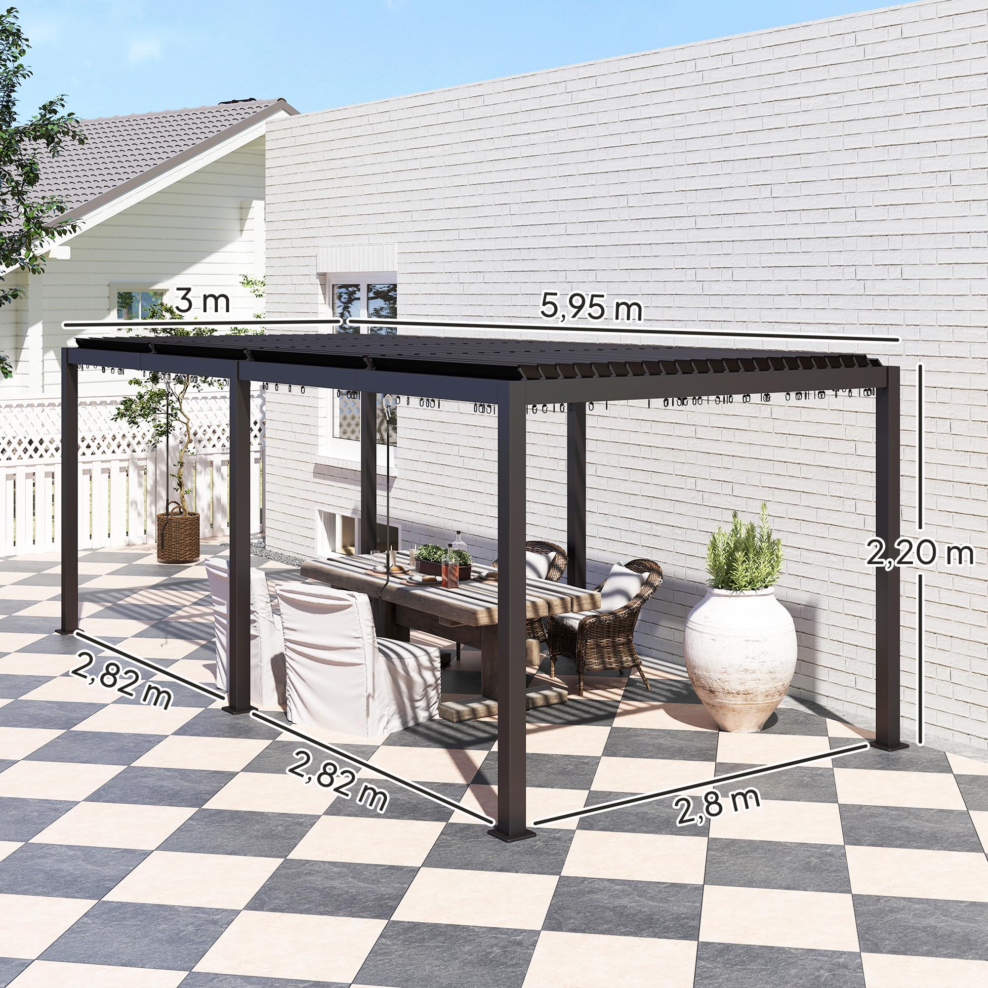 Outsunny Pergola bioclimatique 3 x 6 m, pergola Jardin extérieur avec persiennes manivelle Toit réglable en Aluminium et Crochets, tonnelle de Jardin, terrasse, Patio, Gris foncé
