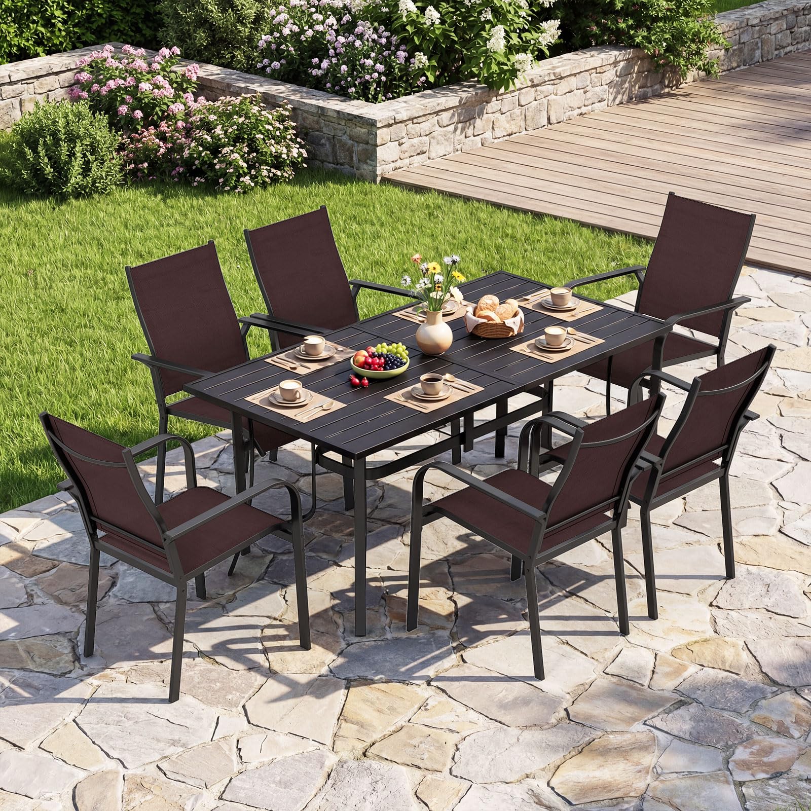 COSTWAY Tavolo da Giardino a 6 Posti in Metallo, con Foro di Ombrellone | Tavolo Pranzo Esterno Rettangolare per Balcone Terrazzo Campeggio, Portata 150 kg, 160 x 84 x 73 cm