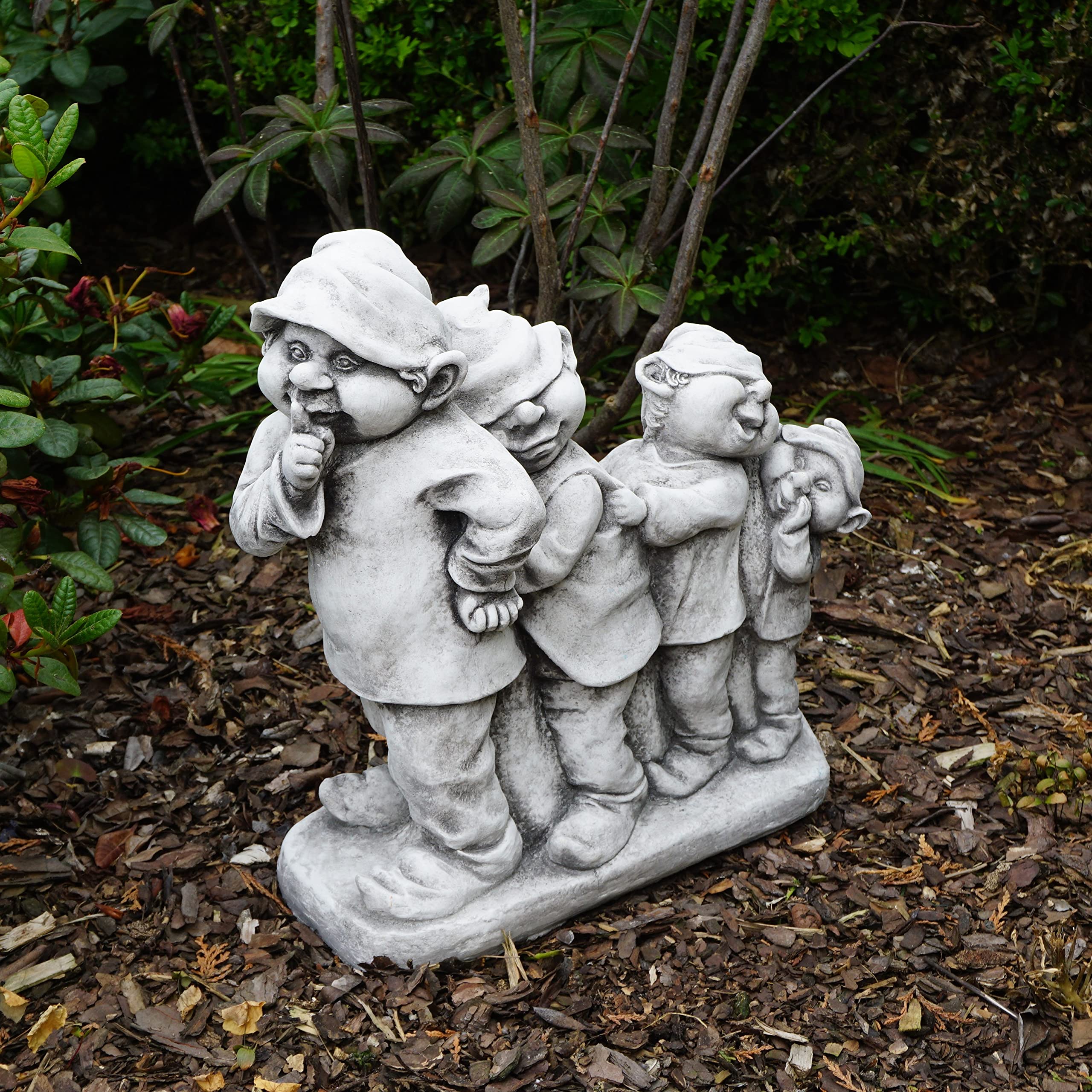 gartendekoparadies.de Gnom-Truppe, Steinfigur Wichtel, H. 34 cm, 12 kg, Grau, frostsicher aus Steinguss für Außenbereich