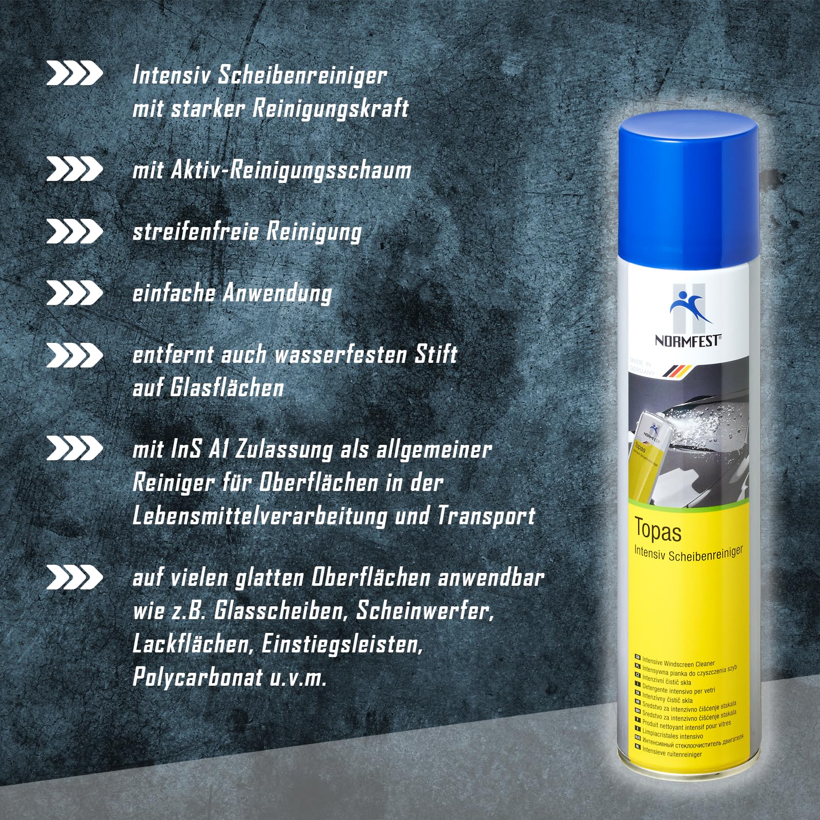 Normfest Topas Intensiv-Scheibenreiniger Schaum – haftstark, streifenfrei, gebrauchsfertig, für Glas, Spiegel und Autoscheiben, lackverträglich, ideal für Fahrzeugpflege, 24x 400 ml