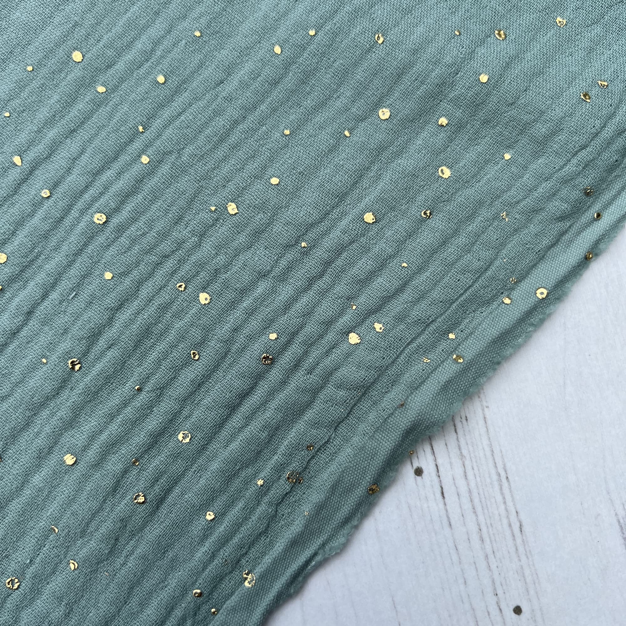 Gold Speckled Double Gauze 100% Cotton Fabric Dress Making Lightweight Muslin Baby Nursery Children Swaddle Blankets Scarves Summer Clothing | 55" - 140 cm Wide (per Metre, Mint Green)