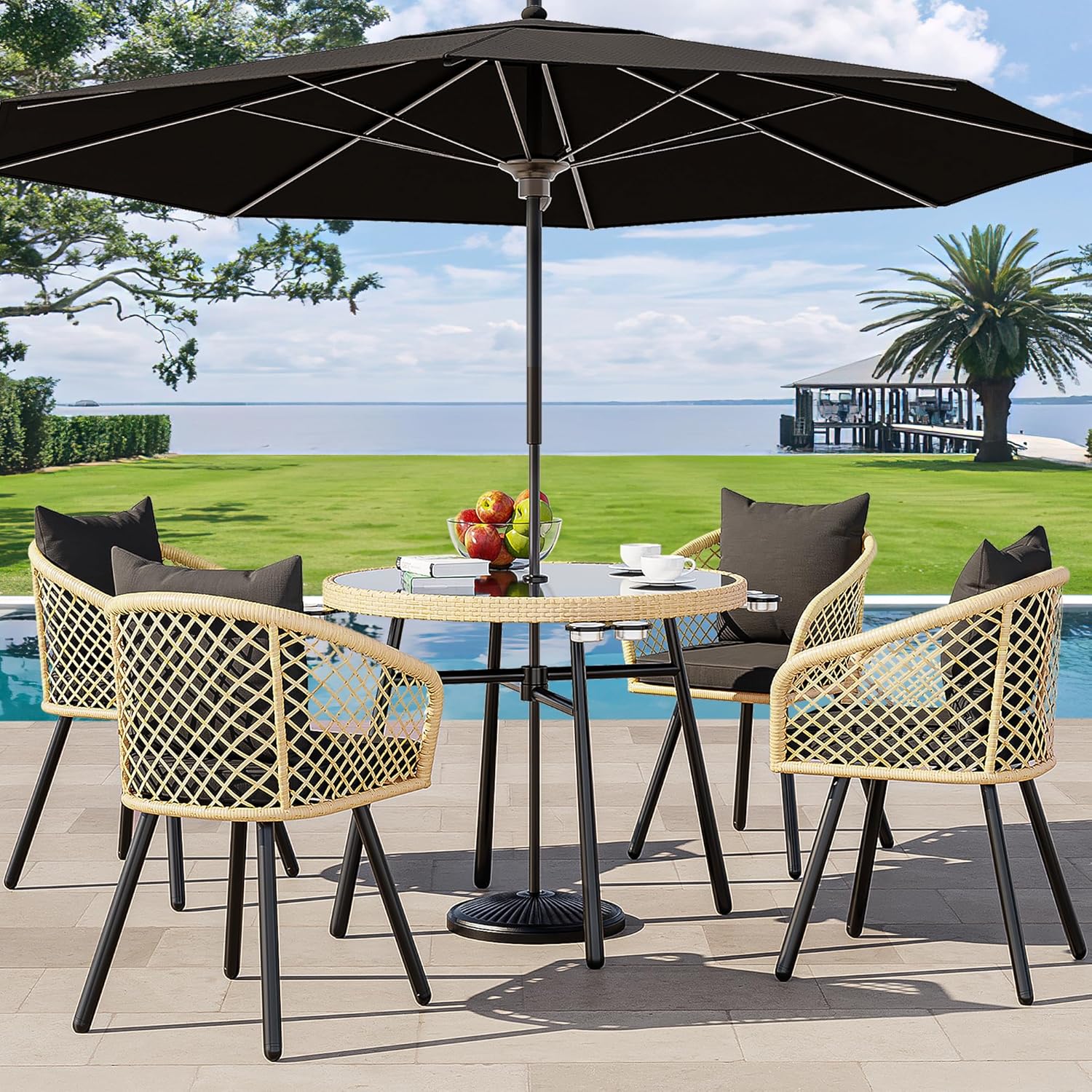 YITAHOME 5-Piece Outdoor Dining Set with Umbralle Hole, Rattan Patio Dining Set for 4 with Cup Holders Soft Cushions and Glass Top Dining Table for Patio, Backyard, Garden, Bacony, Light Brown & Black