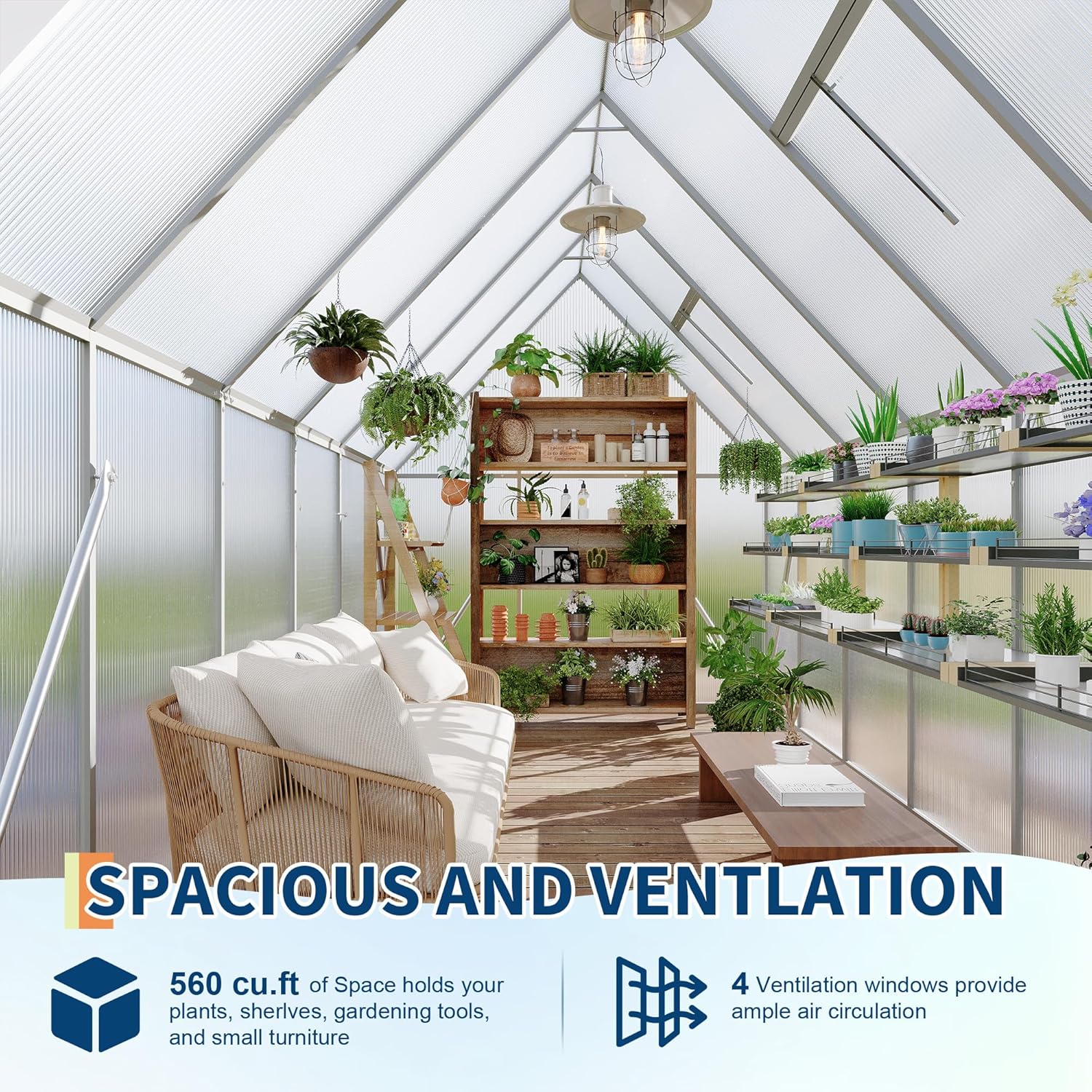 Polycarbonate Greenhouse for Outdoors, Large Walk-InGreenhouse with Quick Setup Structure and Roof Vent, Greenhouse with Ventilation