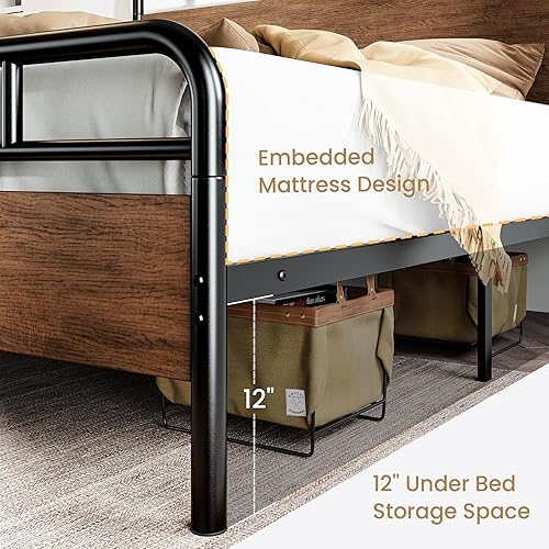 Miniatura 6 de SHA CERLIN King Size Bed Frame with Wooden Headboard and Footboard, Rounded Corner Metal Structure, Heavy Duty Slats with Under-Bed Storage, No Box